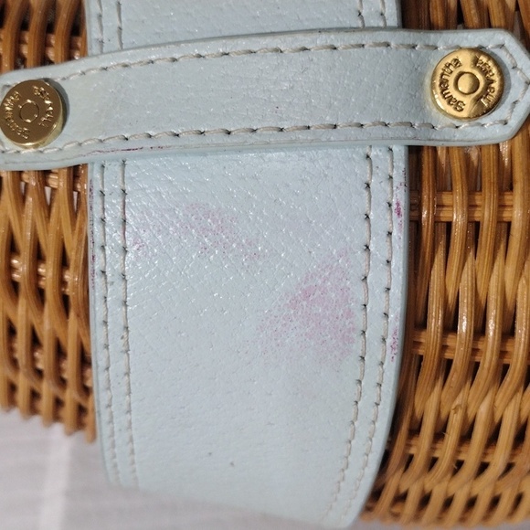 Samantha Thavasa Yellow Straw and Blue Leather Rattan Bag, Drawstring Handbag - Picture 4 of 14